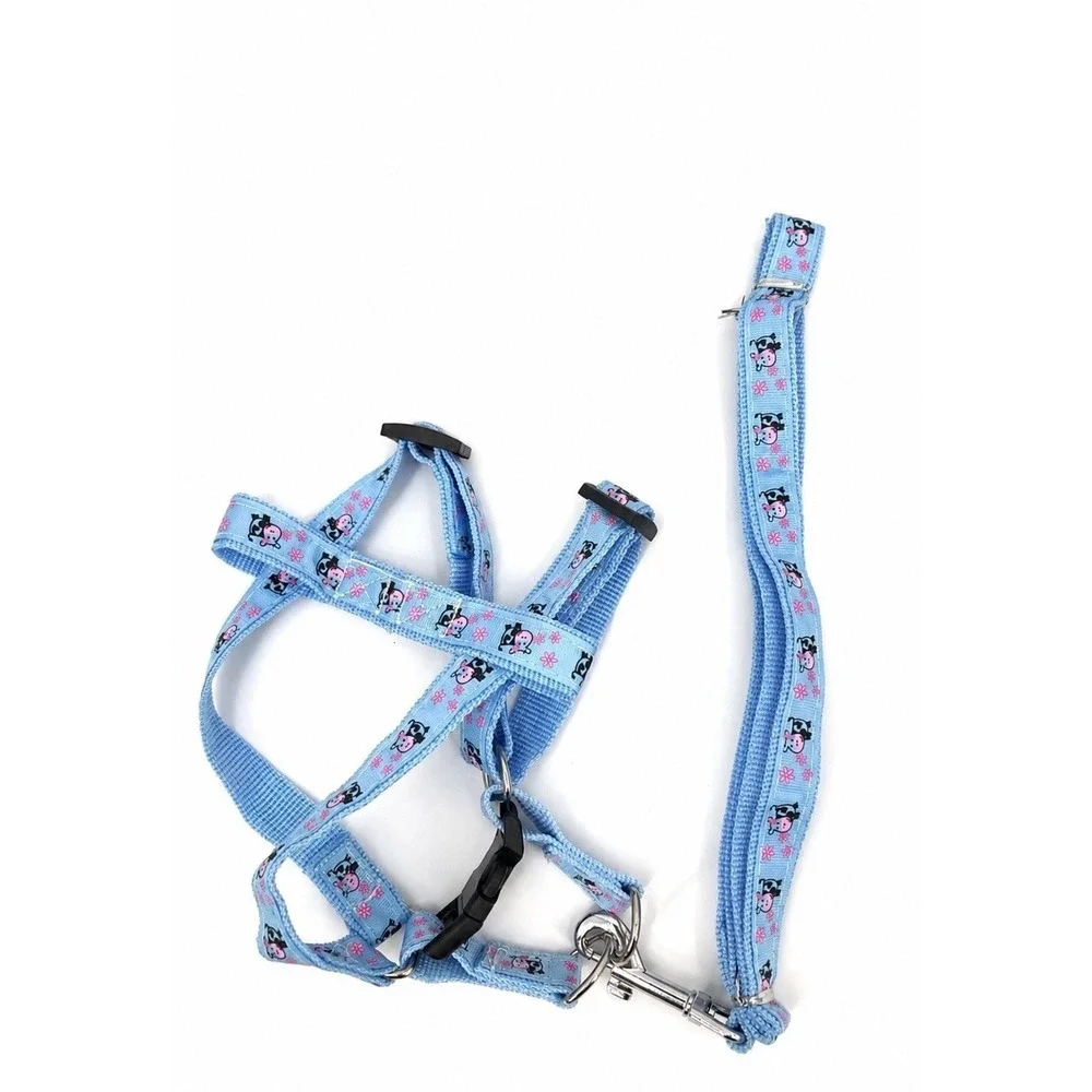 Dog Harness & Leash Set Adjustable For Small / Medium Dogs Blue Cow Print